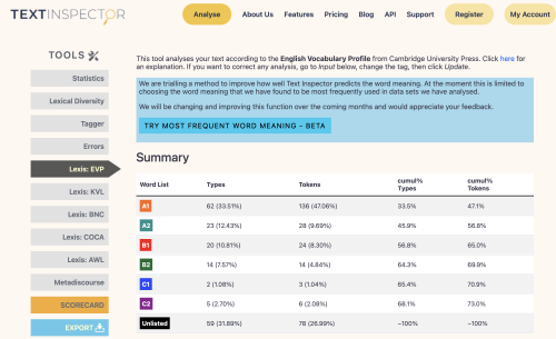 View of the English Vocabulary Profile (EVP) inside Text Inspector