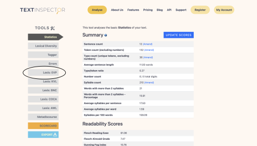 Where to find the English Vocabulary Profile (EVP) on Text Inspector