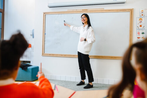 A teacher assessing English language learners in a classroom in front of a whiteboard with English words on it.